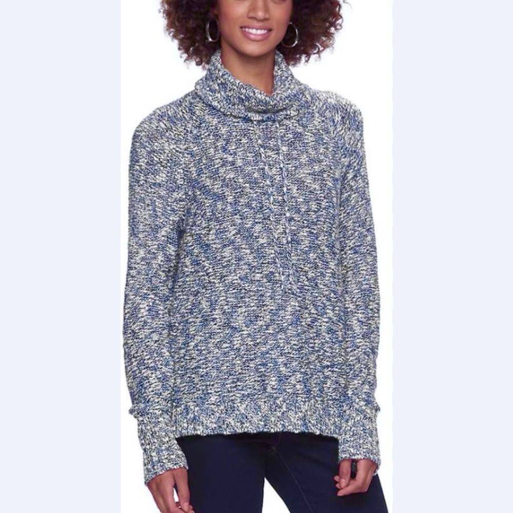 LL Bean Blue Marled Cotton Ragg Funnelneck Pullover Sweater Size‎ MEDIUM